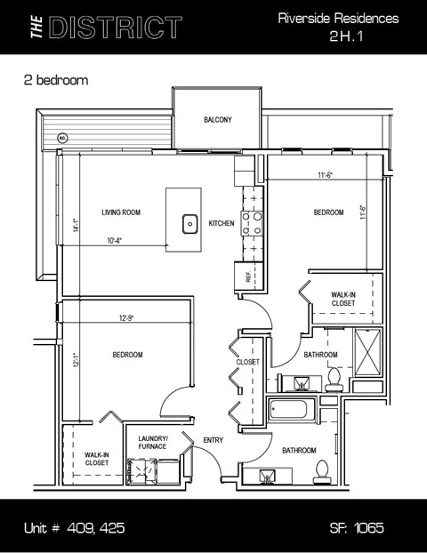 Floor plan for 2 beds, 2 baths, 1186 sqft